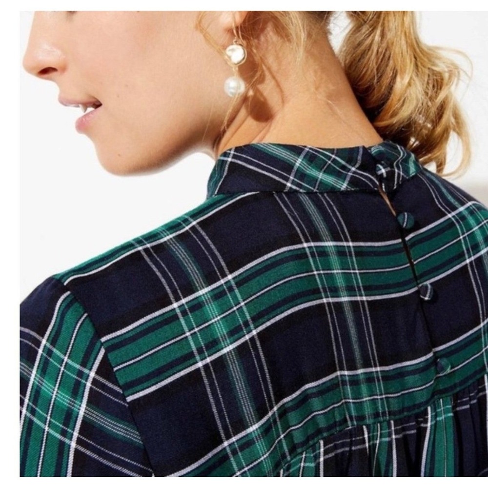 LOFT Womens Plaid Mock Neck Blouse Green Navy Blue Womens Size Medium NWT - Picture 3 of 7